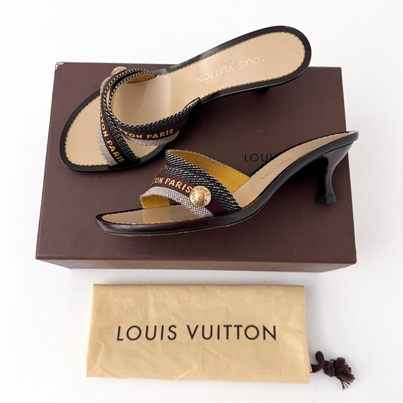 LOUIS VUITTON | Y2K Monogram Paris Logo Ribbon Kitten Heel Sandals Slides 37.5 - Picture 1 of 12